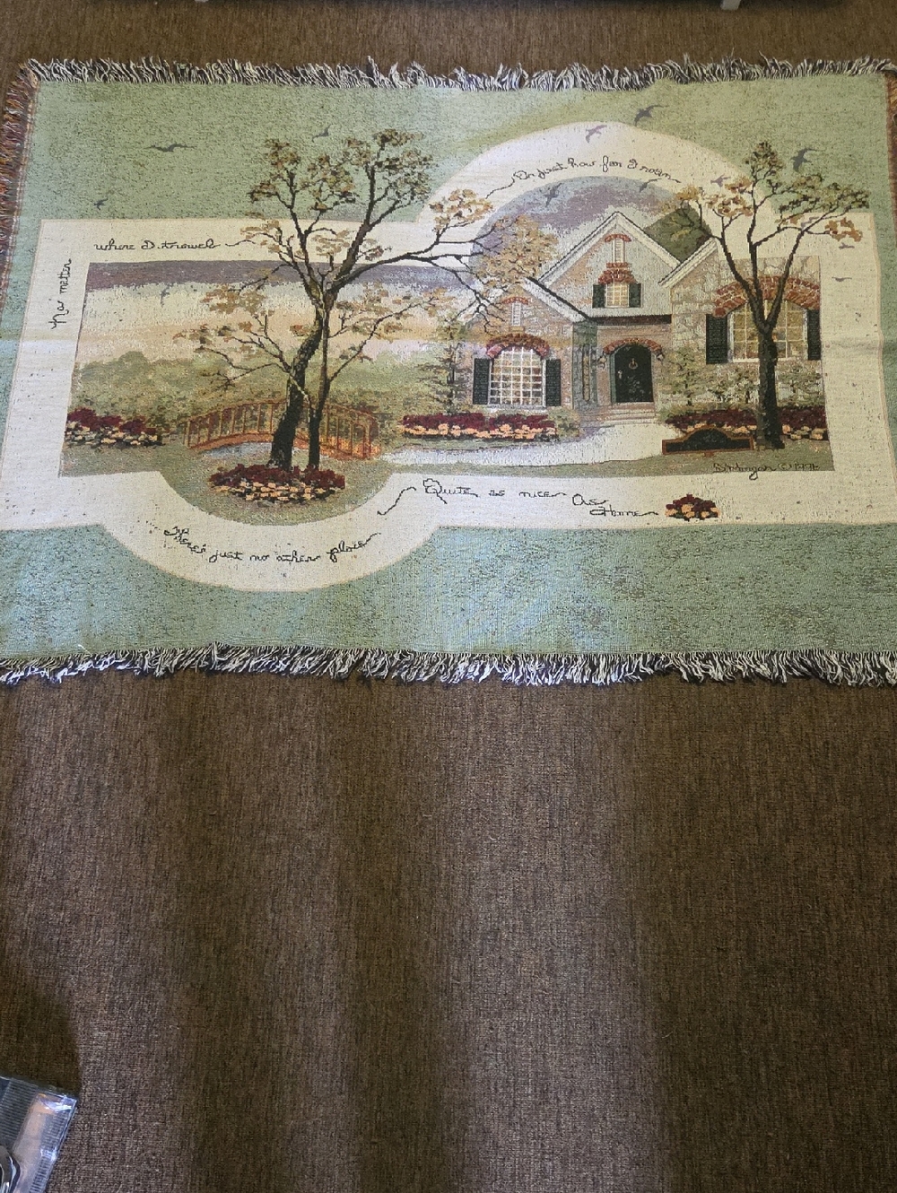 Scenic Tapestry Throw Rug with House & Trees - Sage Green 66x51